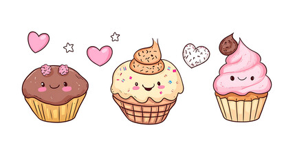 Adorable kawaii cupcakes sweet treats bakery design dessert illustration.