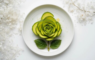 Sliced avocado artfully arranged into a rose shape