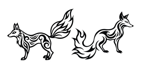 side-profile of a fox in ornate tribal tattoo style, with fur flowing like fire and abstract nature patterns