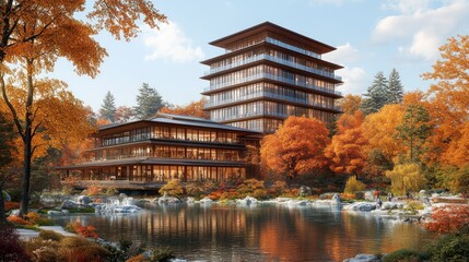Obraz premium Serene Autumn Retreat: Japanese-Style Hotel nestled in a vibrant fall landscape