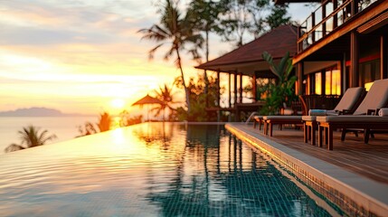 Fototapeta premium Picturesque sunset illuminating a tropical villa next to an infinity pool