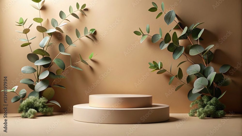Aufkleber Serene Minimalist Product Display with Elegant Greenery and Neutral Tones