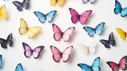 Fototapeta premium Vibrant butterfly collection displayed on white background nature art colorful insects aesthetic environment top-down view