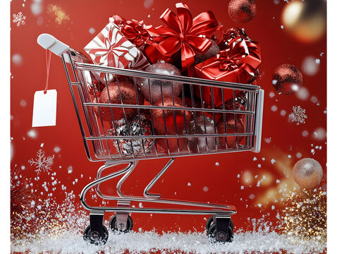 AI generated image of metal shopping cart loaded with wrapped Christmas presents, bows and baubles surrounded by snowflakes and golden glitter against a red festive background 