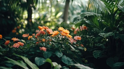Flowers and lush green foliage in a natural garden setting