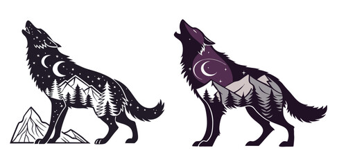 howling wolf in silhouette form, filled with galaxy and mountain motifs, blending tribal and nature elements