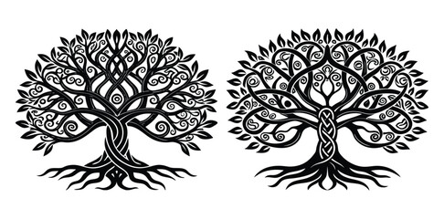 A tree of life silhouette made with swirling roots and leafy branches, infused with Celtic knot designs