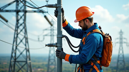 Electrical line worker performing maintenance on power lines at height on a clear sunny day