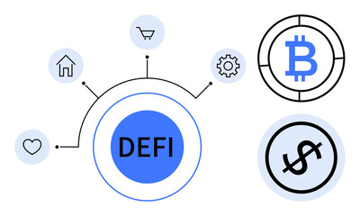 DEFI circle connected to icons for love, home, shopping, and gear, representing decentralized finance. Bitcoin and dollar graphics emphasize financial themes. Ideal for fintech, blockchain