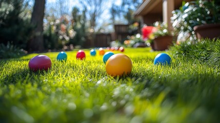 Fototapeta premium Colorful Easter Eggs in a Bright Garden on a Sunny Spring Day