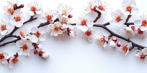 Delicate White Blossoms on Branches Against White Background