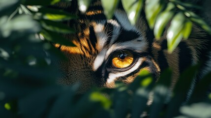 Tiger eye peeking through foliage