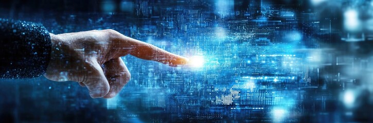 Digital Interface Hand Touching Virtual Data Stream Glowing Light in Cyberspace