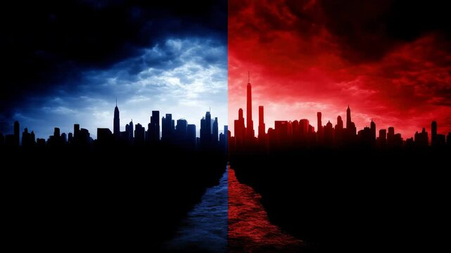 Split skyline at twilight with half the sky in deep blue and the other in fiery red, shot with smooth drone movement creating a high-contrast urban atmosphere emphasizing the political divide in USA.