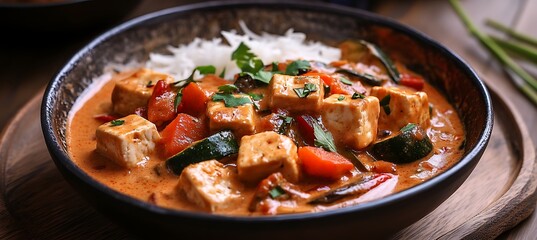 A creamy coconut curry with tofu and vegetables