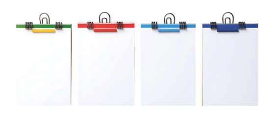 A row of four simple clipboards with colored plastic grips are presented flatly against a transparent background for office use.