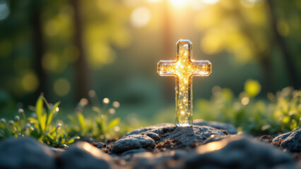 A golden cross shining brightly against a backdrop of greenery, sunbeams, and rocks in what appears to be a spiritual or religious setting.