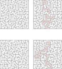 Square Maze Puzzle Set With Solution Showing Correct Path And Navigation