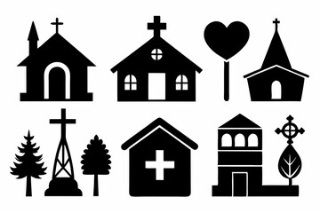 christian home icon set sihouette black vector