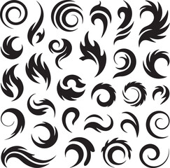 Tribal swirl tattoo set abstract flame tattoo elements, black vector decorative curves, fire shapes, spiral symbols collection