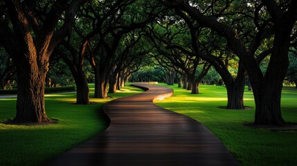 Fototapeta premium A winding wooden walkway among large trees in a park