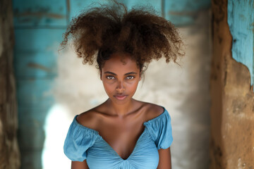 Fototapeta premium A woman with brown hair and a blue dress