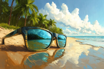 Tropical Beach with Sunglasses Reflection. Sunglasses on a tropical beach with palm trees and ocean reflection in lenses. Ideal for summer vacation and travel themes.
