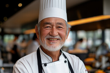 A man wearing a chef's hat and apron is smiling