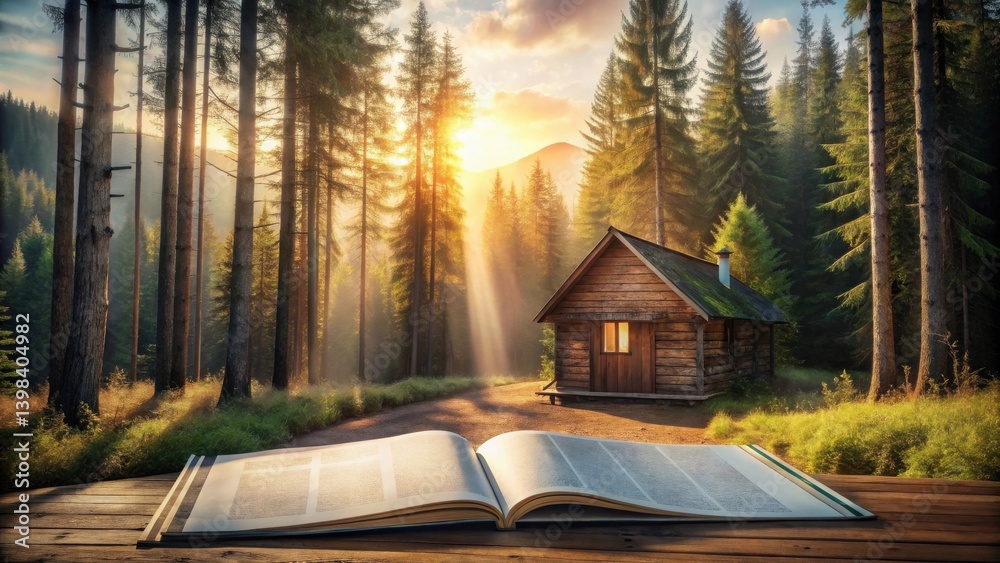 Aufkleber serene sunrise illuminates a rustic cabin nestled deep within a misty forest, open book beckons to e