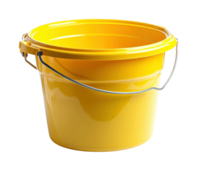 Yellow bucket filled with water home workshop product space view. Isolated on transparent background, png.