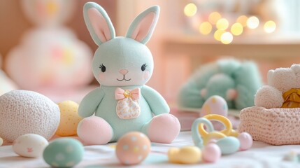 Cute pastel bunny plush toy surrounded by colorful Easter eggs