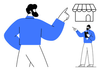 Bearded man in blue shirt pointing at a small storefront representing business opportunities and ideas. Ideal for entrepreneurship, small business, e-commerce, retail planning, strategy, goal
