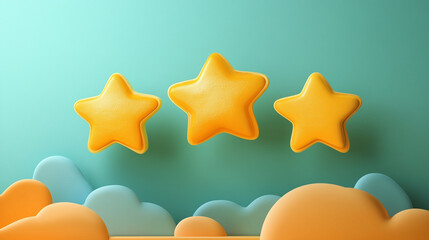Three stylized golden stars floating above soft pastel clouds against teal background representing rating, quality and satisfaction. Concept of service excellence, feedback and visual review system.