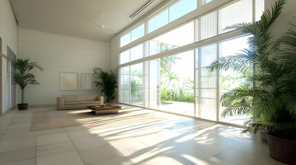 Fototapeta premium Modern White Living Room With Large Windows And Plants