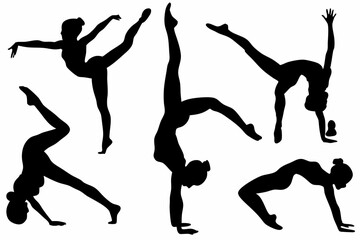 Silhouette Set of Female Dancers in Dynamic Poses &ndash; Black Ballet and Contemporary Dance Vector Collection for Artistic and Fitness Designs