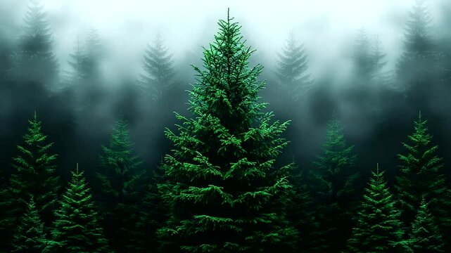 Majestic fir tree in misty forest, nature background, tranquil scene