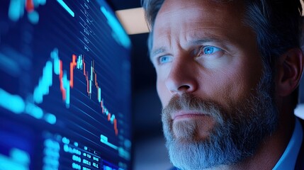 A business professional with a beard intensely studies stock market data displayed on a screen in a contemporary office. The atmosphere is focused and dynamic