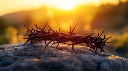 Fototapeta premium Thorn Crown on Rock at Sunset with Glowing Background