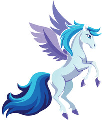 Flying Pegasus with wings spread wide. Beautiful winged horse in fantasy setting for creative vector art.