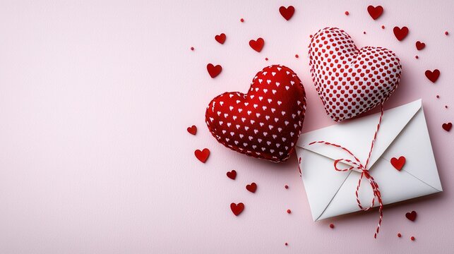 Romantic hearts and envelope on pink background; valentines day; love message; flat lay; greeting card; possible use greeting card, social media post - Powered by Adobe