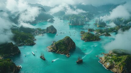 A Breathtaking Aerial View of Islands and Cityscape