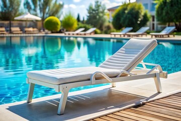 Fototapeta premium Close-up of a turquoise lounger on the pool deck with the bright turquoise pool water in the background on a sunny summer day