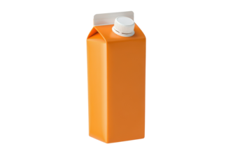 An orange juice carton with a cap floating horizontally in mid-air against a solid white background