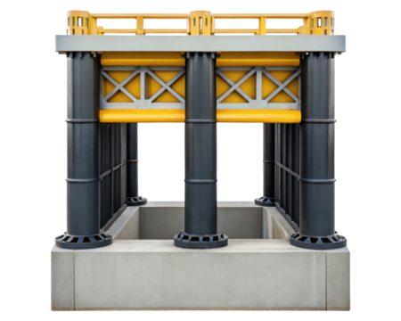 A sturdy platform with reinforced support beams on a transparent background