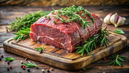 Raw Beef Roast Garnished with Fresh Herbs Ready for Roasting on Rustic Wooden Board