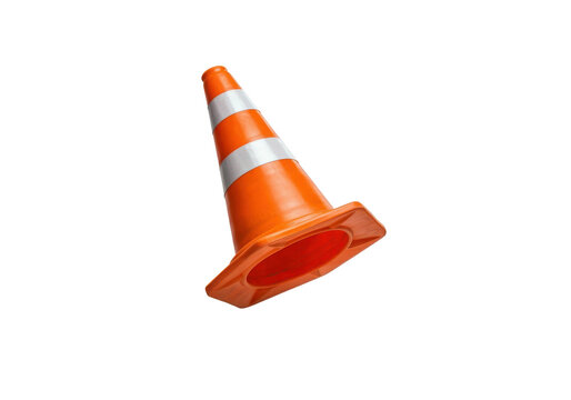 An orange traffic cone floating horizontally in mid-air against a solid white background, no shadow.