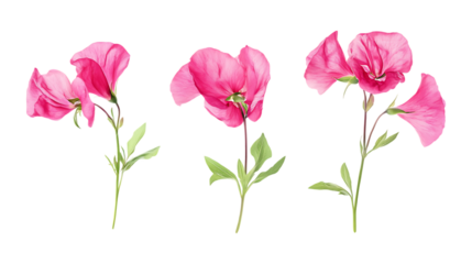 Three bright magenta sweet pea flowers with vibrant petals stand individually arranged against a clean isolated transparent background.