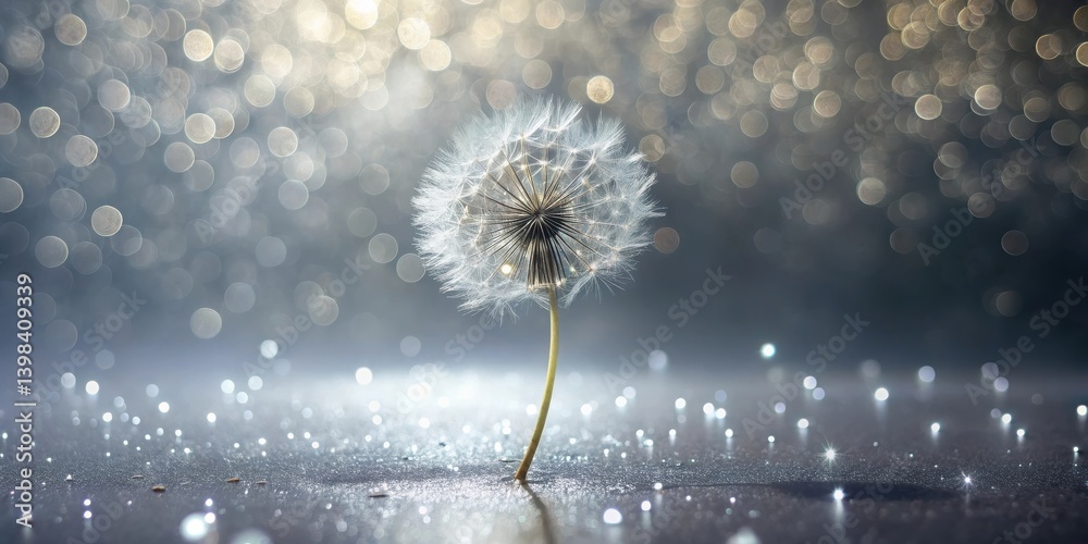 Poster A single dandelion seed head glows, ethereal and delicate, against a shimmering, bokeh-filled backdrop.