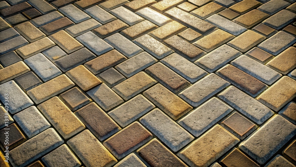 Fototapete Sunlight Illuminates a Pavement of Interlocking Rectangular Blocks in a Herringbone Pattern