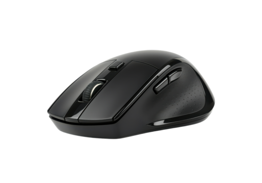 A black computer mouse with a sleek design floating horizontally in mid-air against a solid white background
